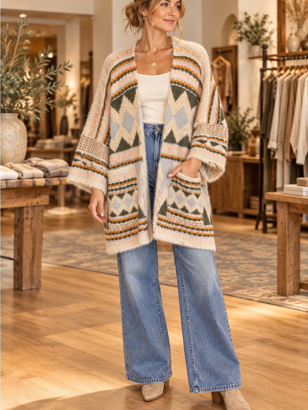 Cream Patterned Open-Front Cardigan Sweater - Picture 1 of 1
